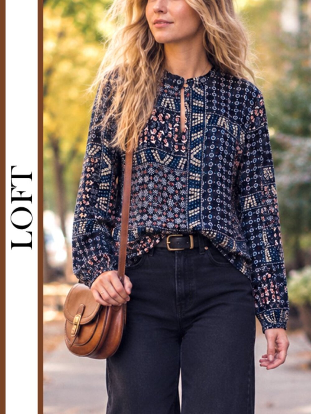 LOFT | 'Mosaic' Printed Ruffled Collar Blouse Top
